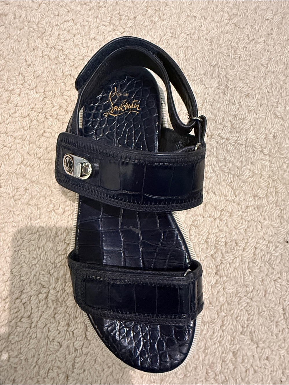 Christian Louboutin Navy Croc-Embossed Sport Sandal with Silver Hardware